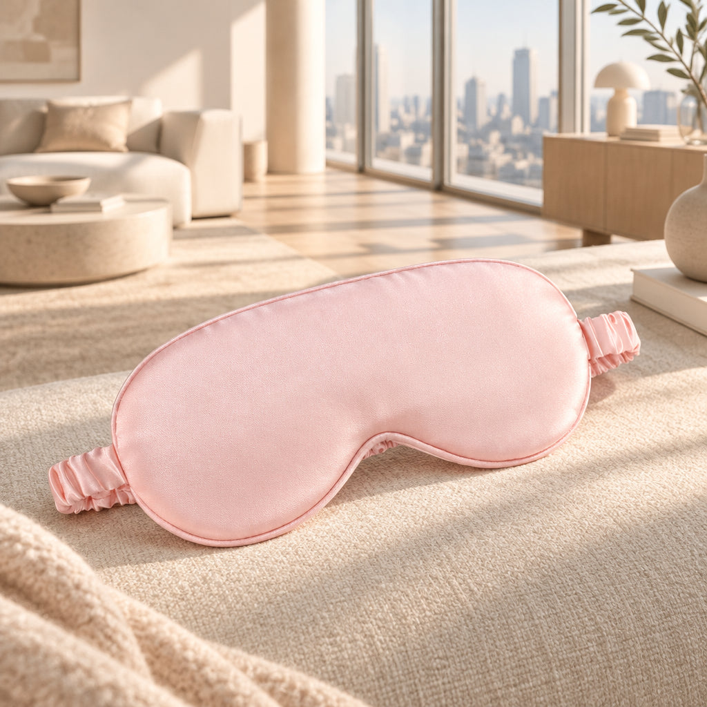 Pink eye mask on a white surface with a clock and magazine in the background