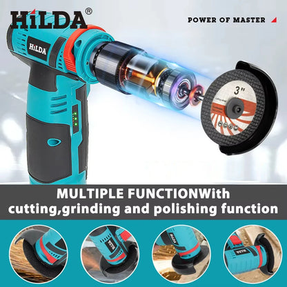 HILDA 12V Cordless Mini Angle Grinder – 19,500 RPM Grinding & Cutting Tool