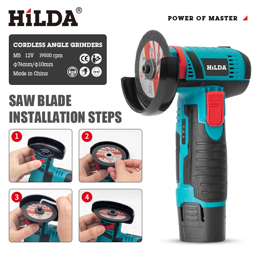 HILDA 12V Cordless Mini Angle Grinder – 19,500 RPM Grinding & Cutting Tool
