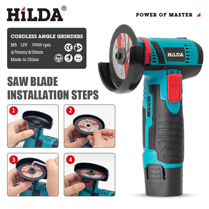 HILDA 12V Cordless Mini Angle Grinder – 19,500 RPM Grinding & Cutting Tool