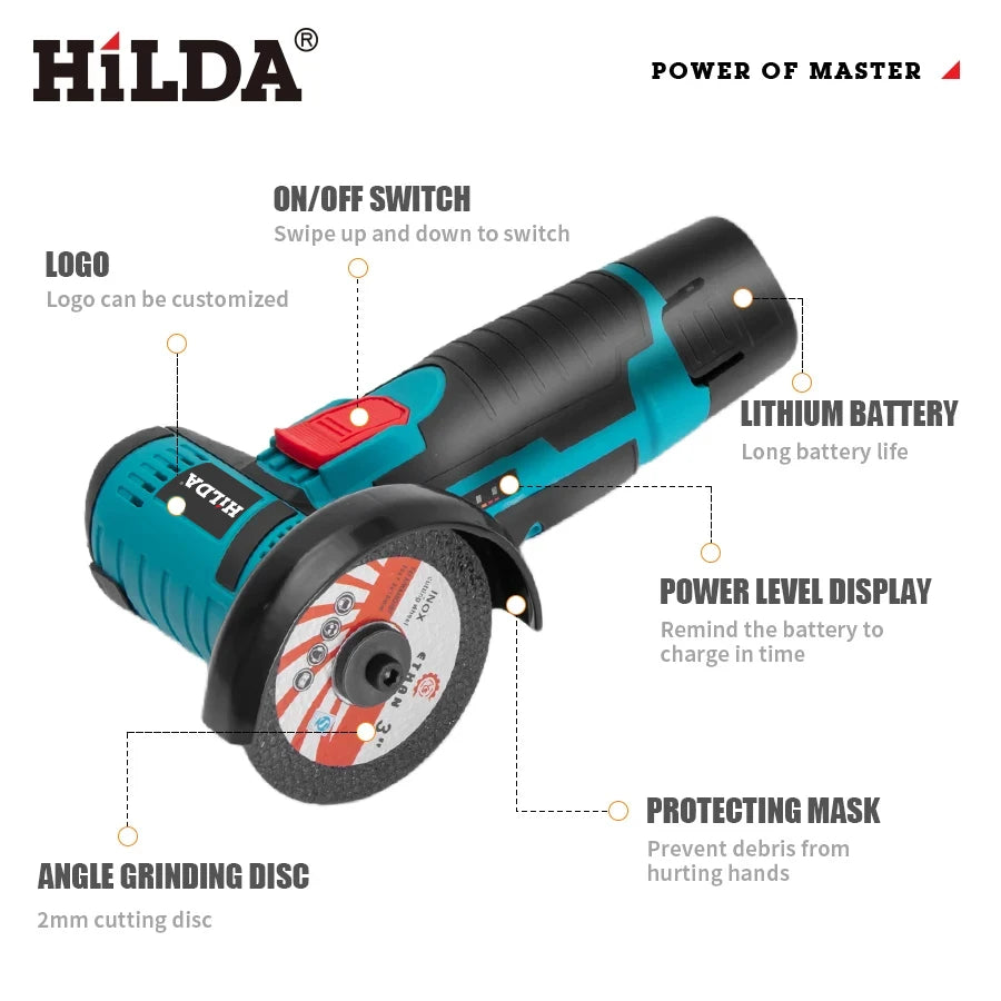 HILDA 12V Cordless Mini Angle Grinder – 19,500 RPM Grinding & Cutting Tool
